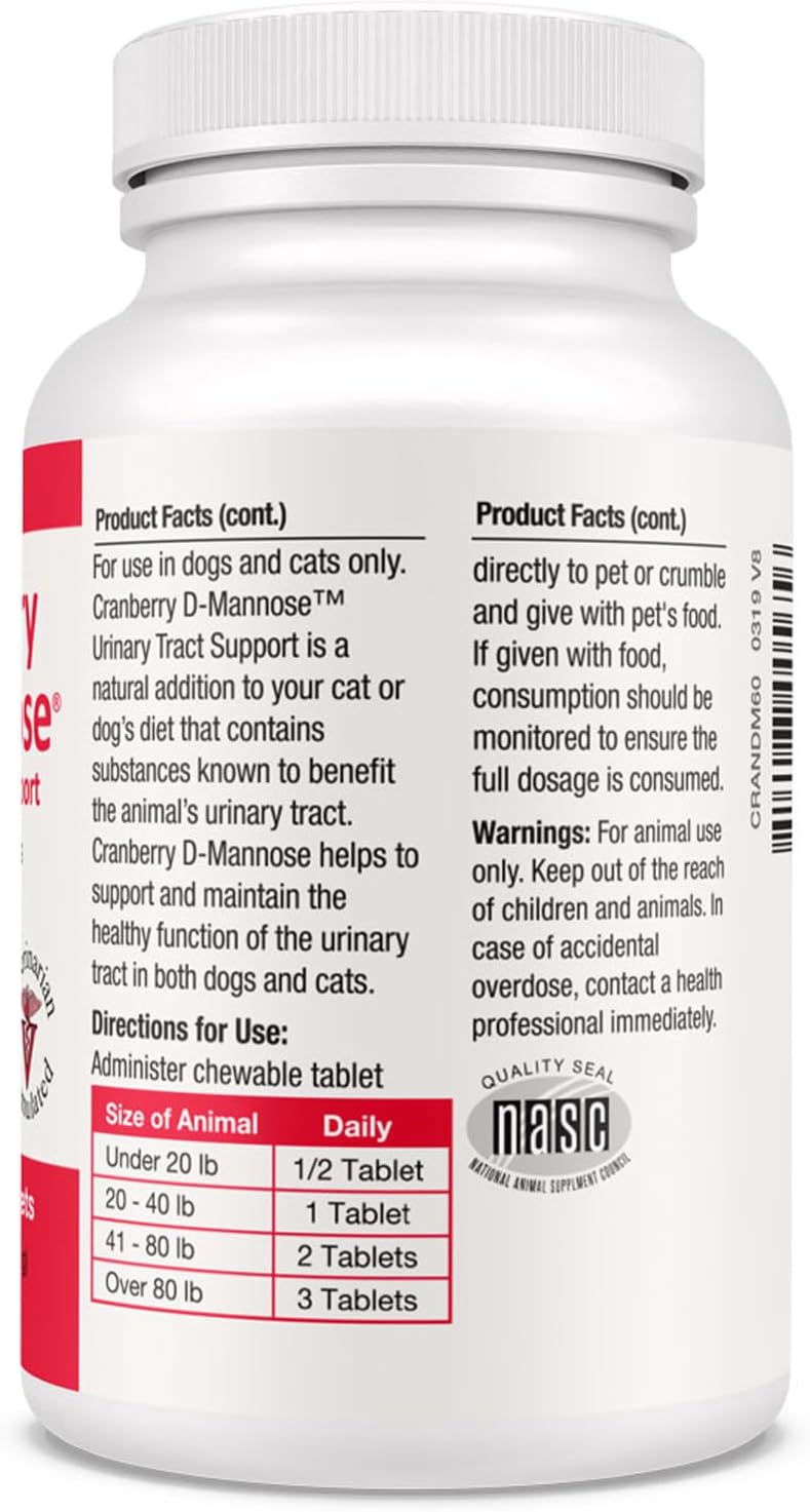 Cranberry D-Mannose Pet Urinary Tract Support Tablets for Dogs and Cats - 60 Count