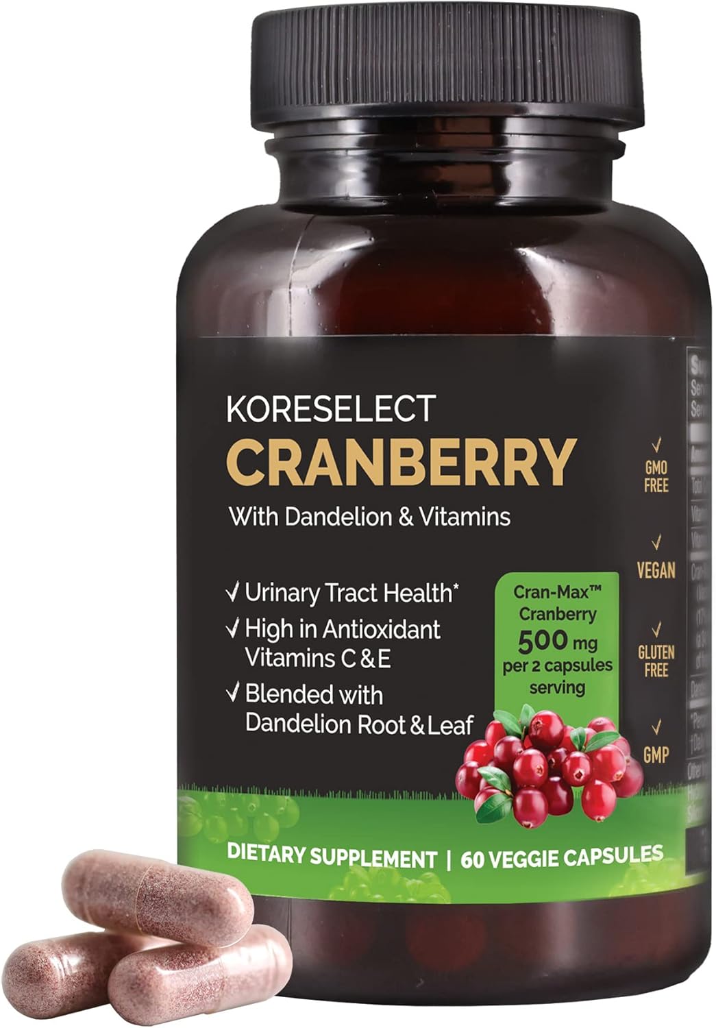 Cranberry & Dandelion UTI Relief Supplement with Vitamins - Immune & Bladder Support for Women & Men - 60 Capsules