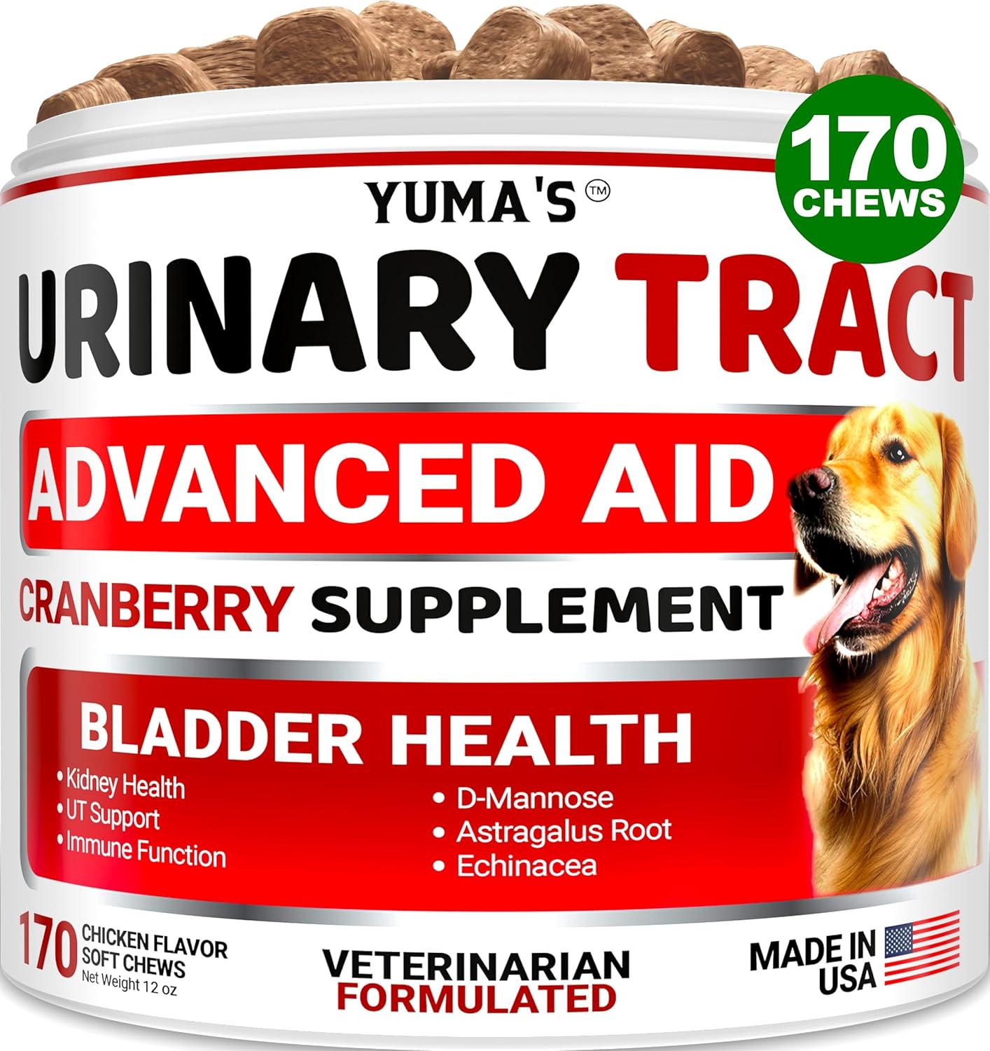 Cranberry Dog Treats for UTI - 170 Treats - Bladder Control & UTI Treatment - USA Made Vitamins & Supplements