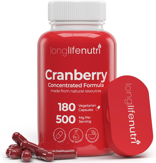 Cranberry Extract Capsules with Vitamin C & E, 500mg, 180 Vegetarian Capsules, Urinary Tract & Bladder Health Support, Made in USA - 6 Month Supply