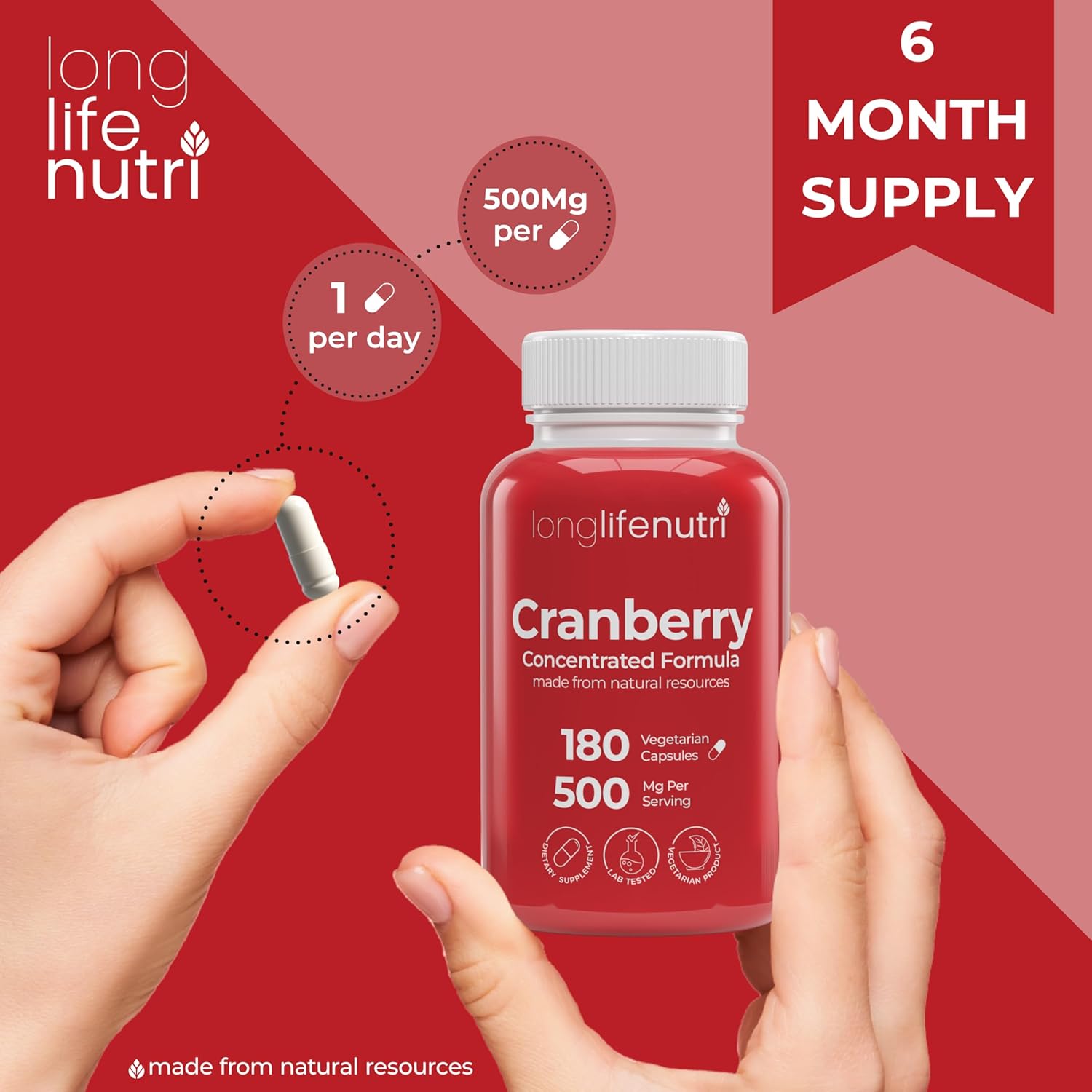 Cranberry Extract Capsules with Vitamin C & E, 500mg, 180 Vegetarian Capsules, Urinary Tract & Bladder Health Support, Made in USA - 6 Month Supply