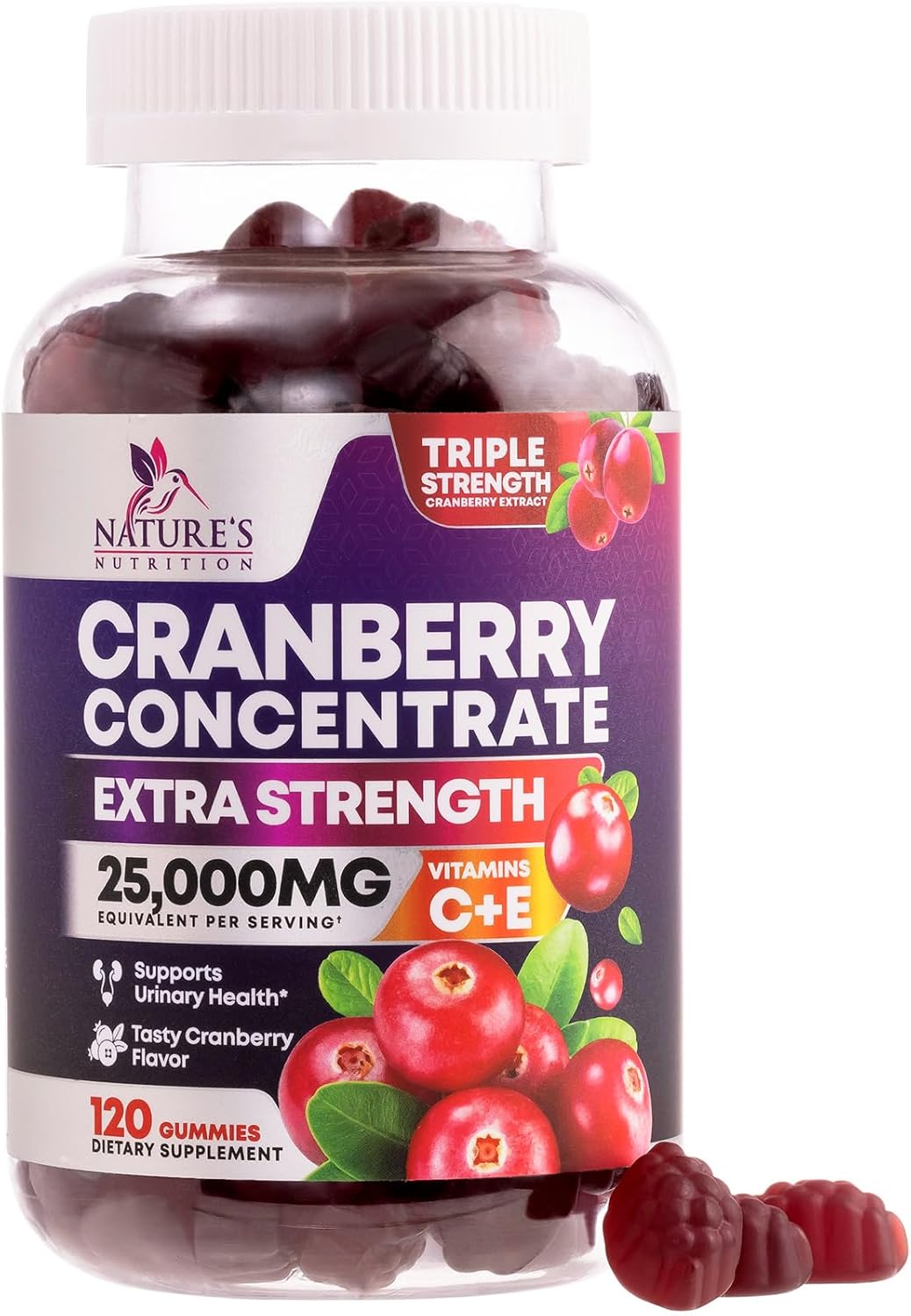 Cranberry Gummies with Vitamin C - 25,000mg Extract for Urinary Tract Support - 120 Chewable Non-GMO Supplements for Women by Nature's Nutrition