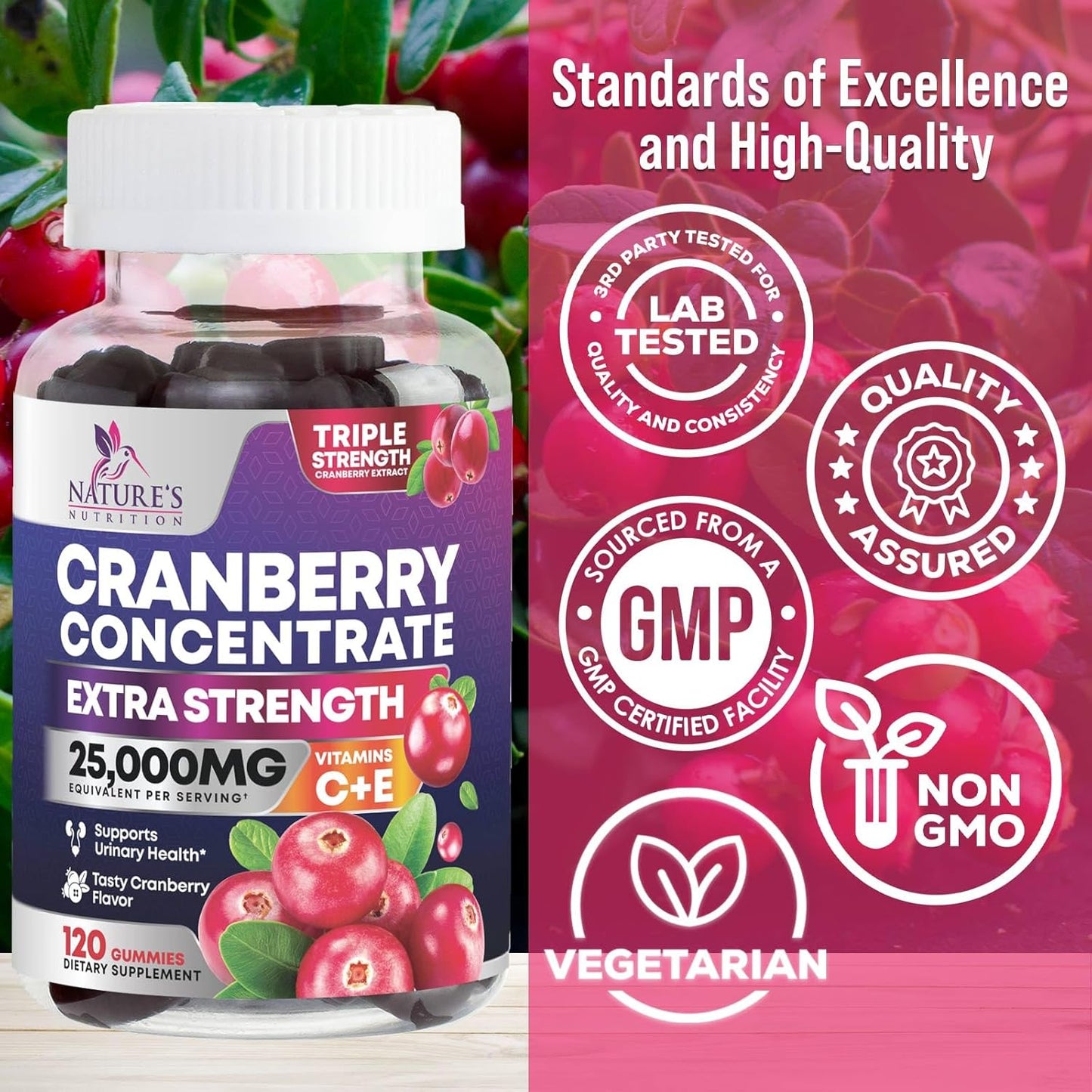 Cranberry Gummies with Vitamin C - 25,000mg Extract for Urinary Tract Support - 120 Chewable Non-GMO Supplements for Women by Nature's Nutrition