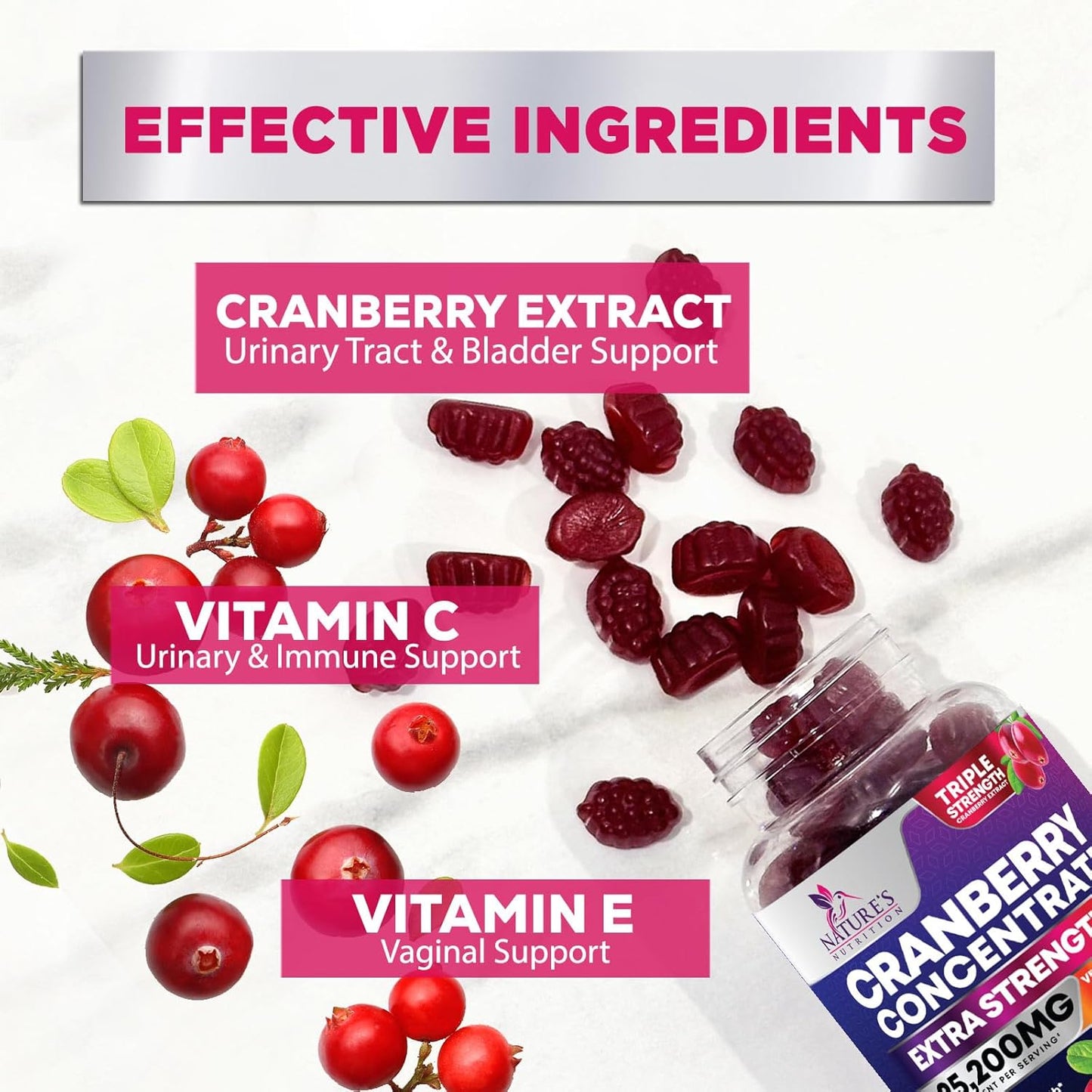 Cranberry Gummies with Vitamin C - 25,000mg Extract for Urinary Tract Support - 120 Chewable Non-GMO Supplements for Women by Nature's Nutrition