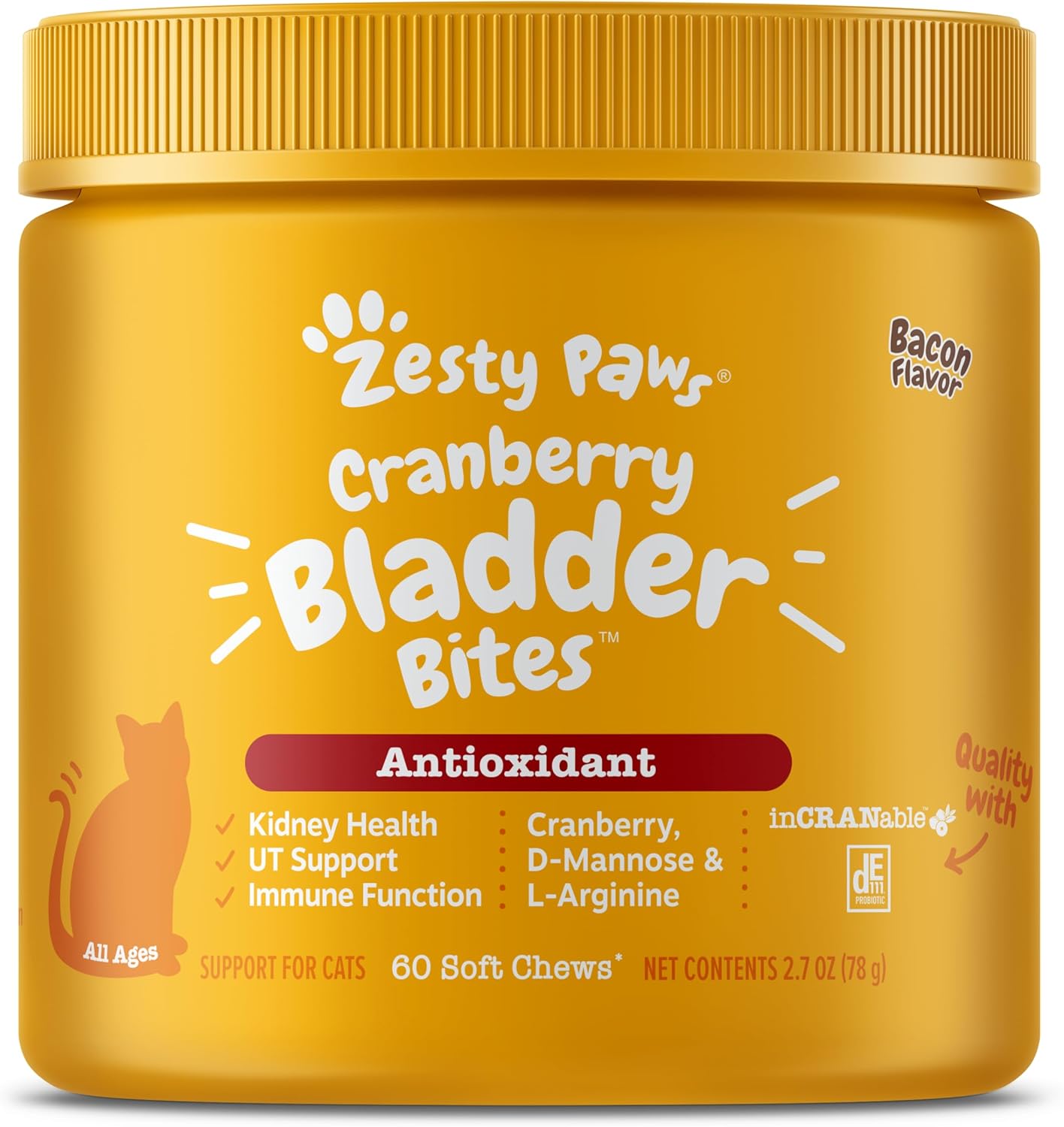 Cranberry Urinary Tract Bites for Cats - Supports Kidney & Urinary Health - Soft Chews with D-Mannose, Vitamin B6, L-Arginine - Immune & Gut Support - Bacon Flavor - 60 Count