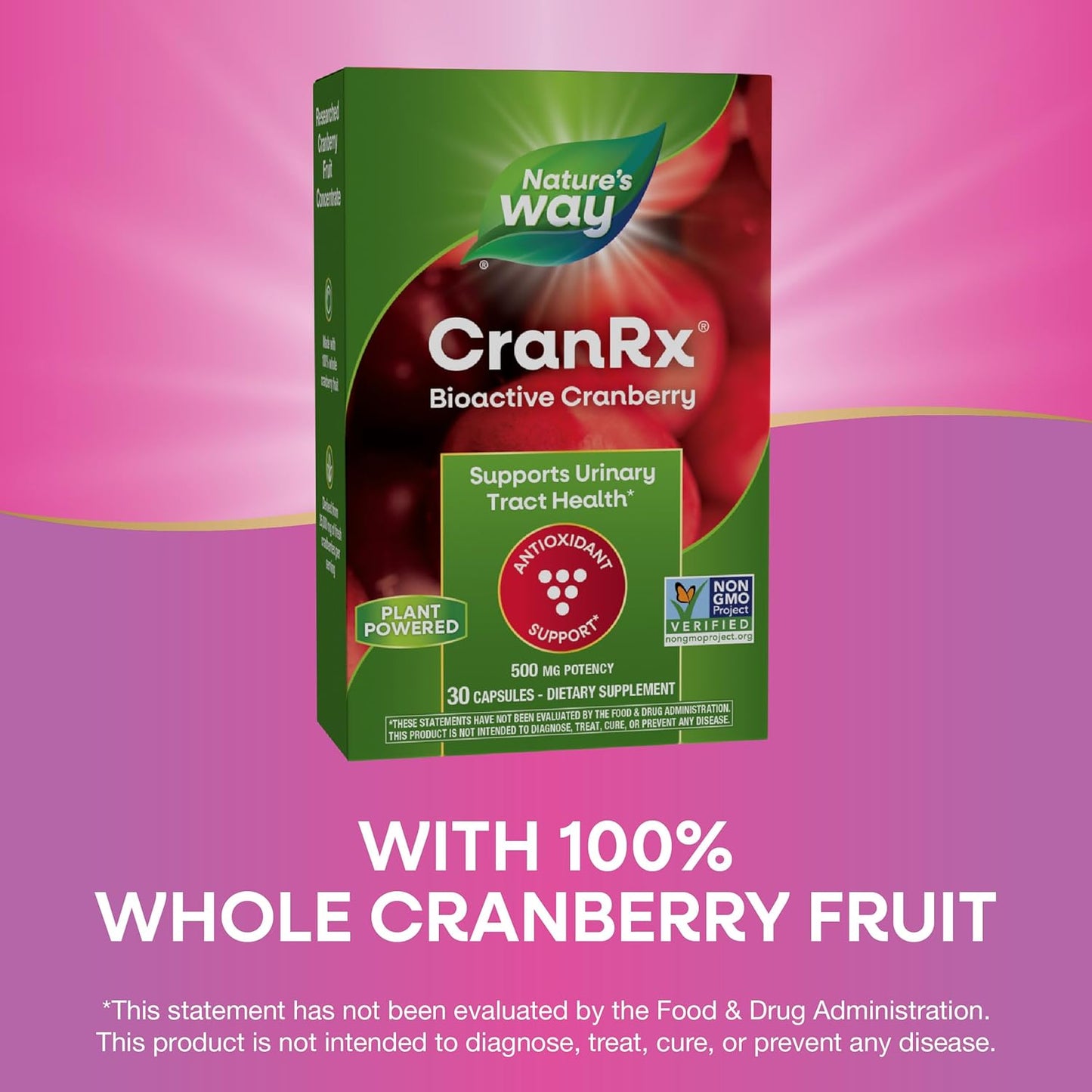 CranRx® BioActive Cranberry 500mg Capsules for Urinary Tract & Antioxidant Support - Vegan & Non-GMO - 30 Count