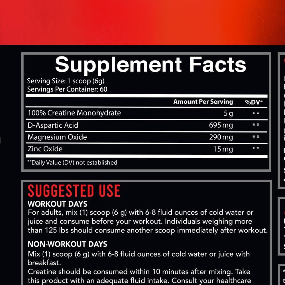 Crea-Test: Creatine Monohydrate & Test Booster Powder for Men with D-Aspartic Acid, Zinc & Magnesium - 360g, 60 Servings