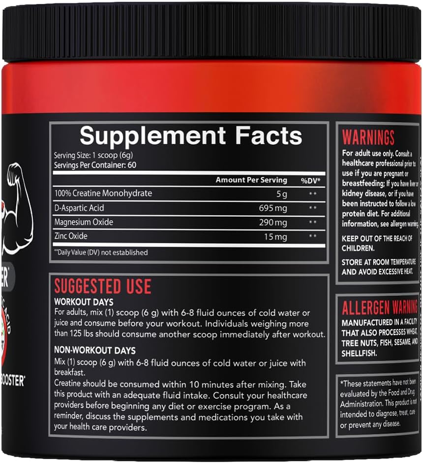 Crea-Test: Creatine Monohydrate & Test Booster Powder for Men with D-Aspartic Acid, Zinc & Magnesium - 360g, 60 Servings
