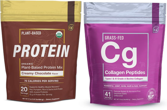 Creamy Chocolate Hydrolyzed Collagen Peptides & Organic Pea Protein Powder - Plant-Based Vegan Blend for Joint, Skin, Hair, & Nail Support | Low-carb Formula
