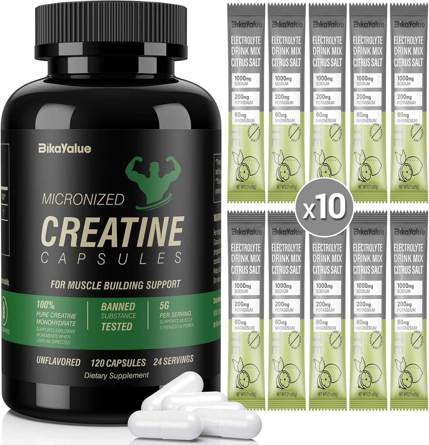 Creatine Capsules & Electrolytes Powder Combo for Muscle Recovery & Energy - 150 Capsules + 10-Pack Electrolyte Supplement - Gluten-Free for Men & Women (30 Servings)