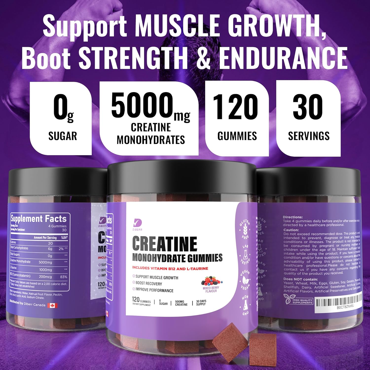 Creatine Monohydrate Gummies for Focus, Strength, and Endurance - 5g per Serving - Muscle Building, Sugar Free, Vegan - 120 Ct