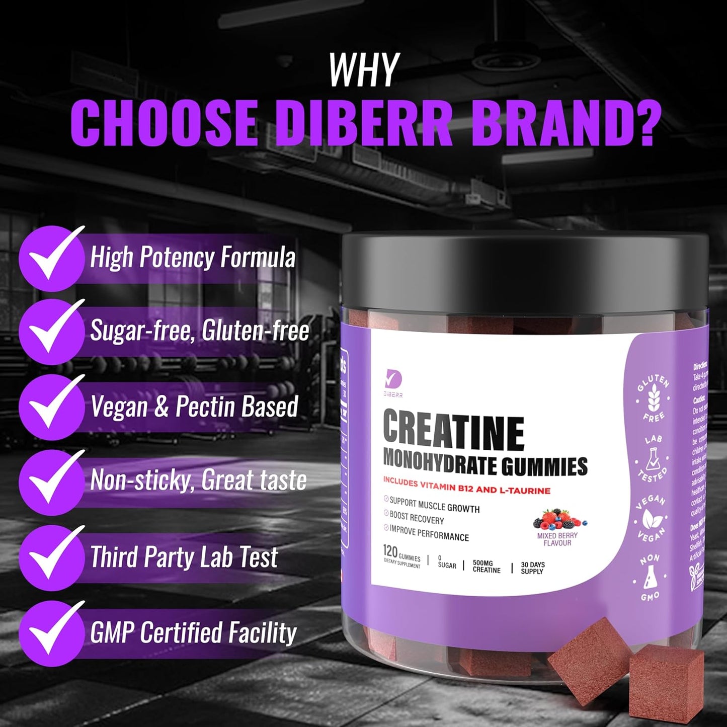 Creatine Monohydrate Gummies for Focus, Strength, and Endurance - 5g per Serving - Muscle Building, Sugar Free, Vegan - 120 Ct