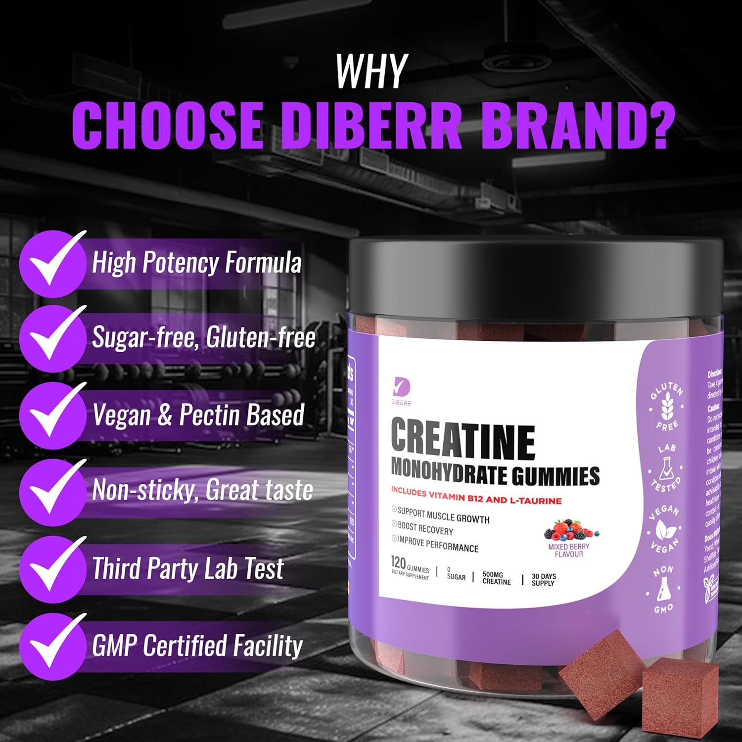 Creatine Monohydrate Gummies for Focus, Strength, and Endurance - 5g per Serving - Muscle Building, Sugar Free, Vegan - 120 Ct
