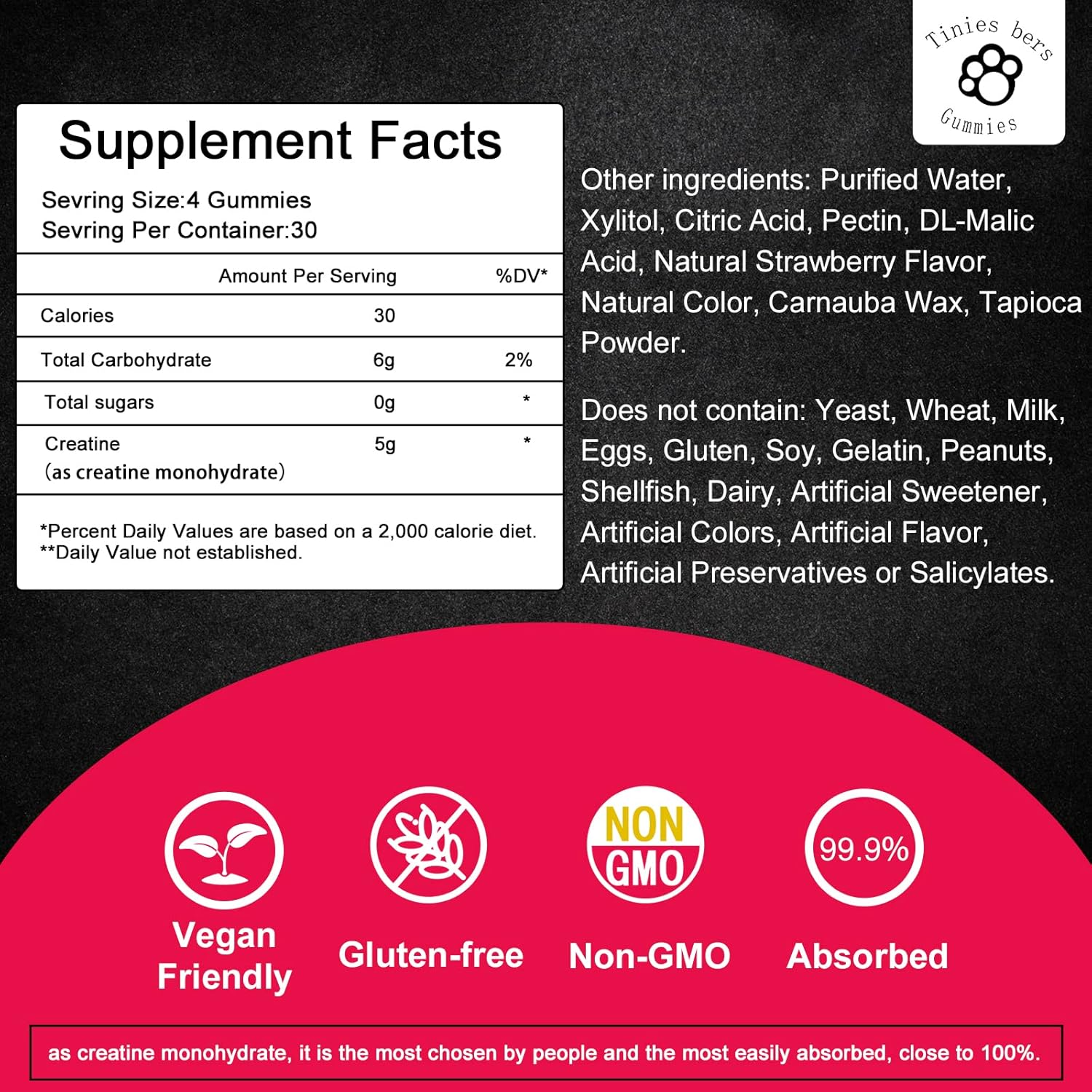 Creatine Monohydrate Gummies for Muscle Gain & Energy - Sugar Free, Gluten Free, Non-GMO - 30 Servings, 5g per Serving