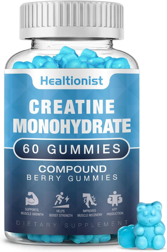 Creatine Monohydrate Gummies for Muscle Strength & Growth - 60 Count Vegan Pre-Workout Supplement for Men & Women