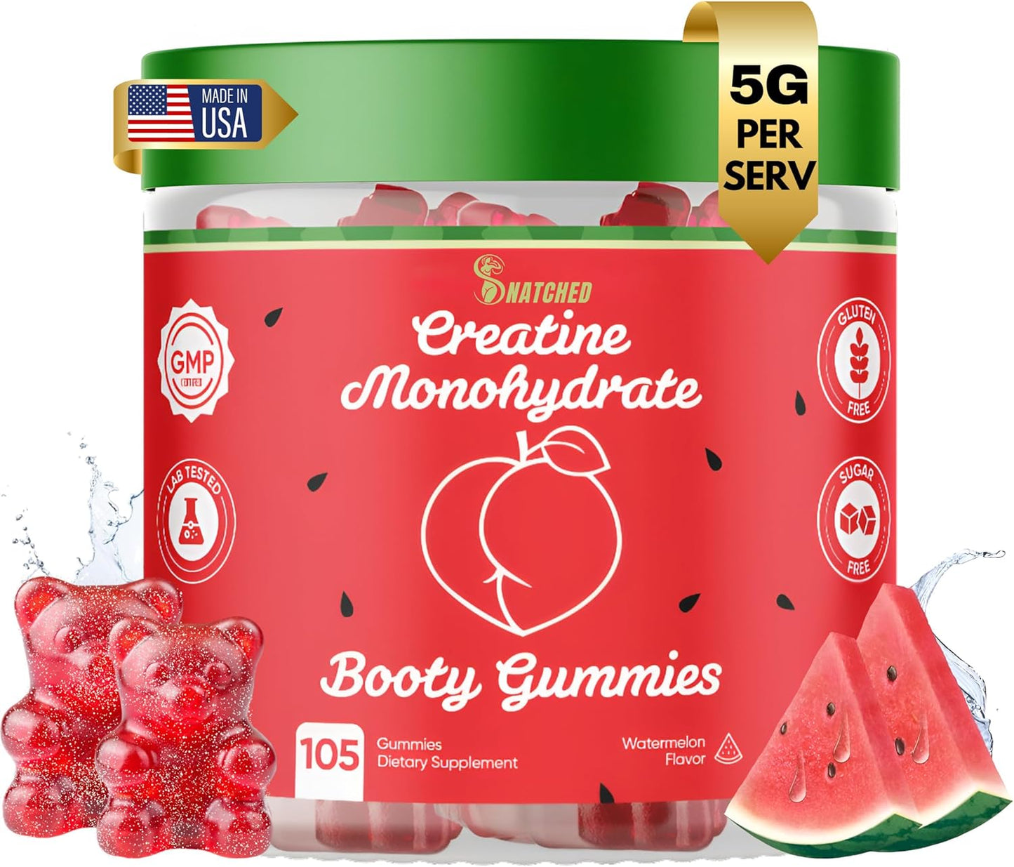 Creatine Monohydrate + Keto ACV Booty Gummies for Women - 5000mg Creatine, 1000mg ACV - Glute Builder, Waist Slimmer - Gym Essentials, Sugar Free - 120 Ct Watermelon