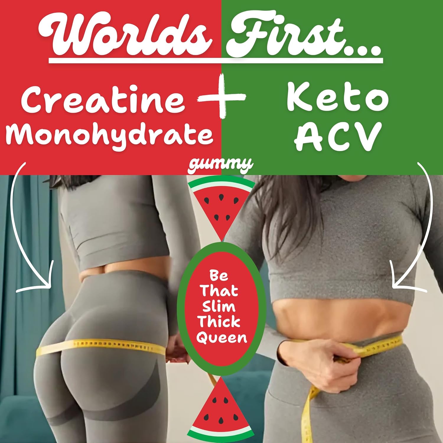 Creatine Monohydrate + Keto ACV Booty Gummies for Women - 5000mg Creatine, 1000mg ACV - Glute Builder, Waist Slimmer - Gym Essentials, Sugar Free - 120 Ct Watermelon