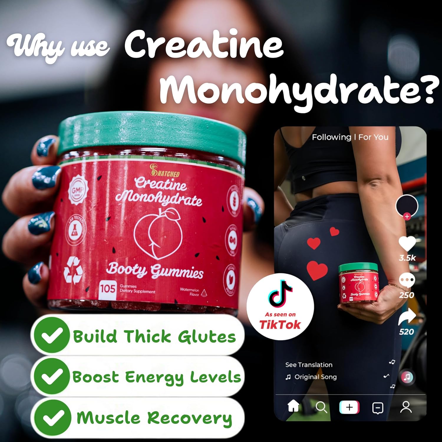 Creatine Monohydrate + Keto ACV Booty Gummies for Women - 5000mg Creatine, 1000mg ACV - Glute Builder, Waist Slimmer - Gym Essentials, Sugar Free - 120 Ct Watermelon