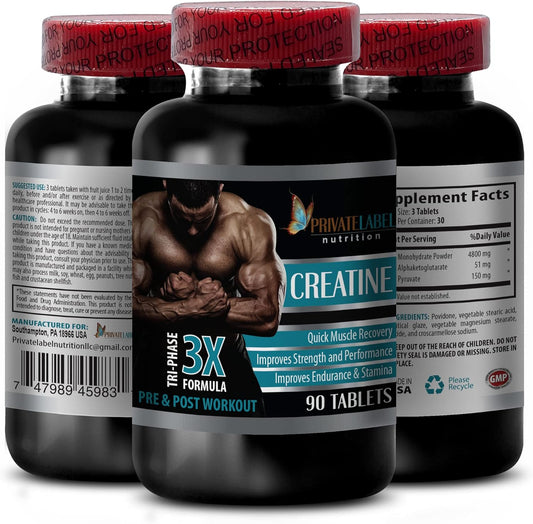 CREATINE TRI-Phase Muscle Gain Supplement - 3X Formula for Pre & Post Workout - Private Label - 90 Tablets