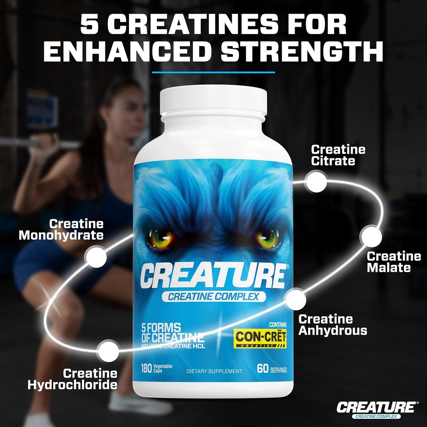 CREATURE® Creatine Complex Capsules - 5 Types of Creatine Including Con-Crēt® HCL, Supports Muscle, Strength, Endurance, Brain Health - 180 Caps