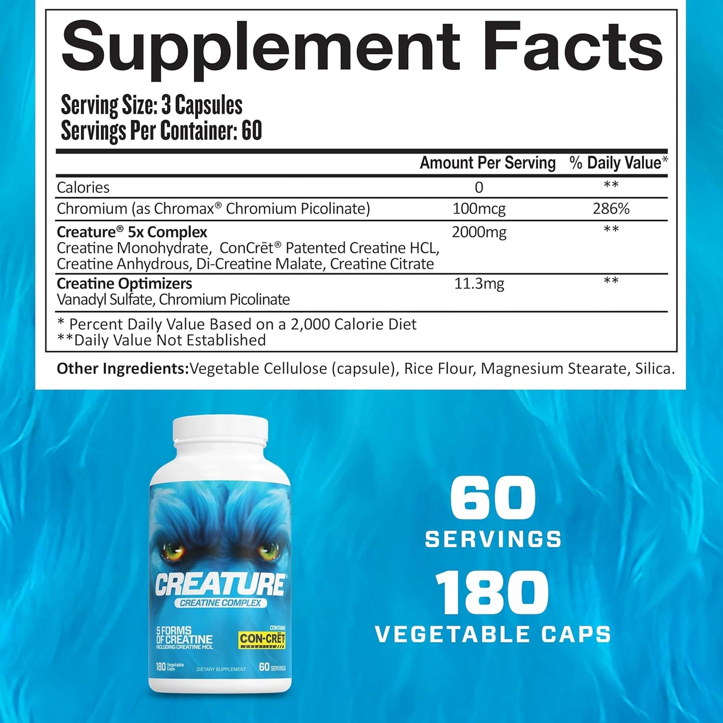 CREATURE® Creatine Complex Capsules - 5 Types of Creatine Including Con-Crēt® HCL, Supports Muscle, Strength, Endurance, Brain Health - 180 Caps
