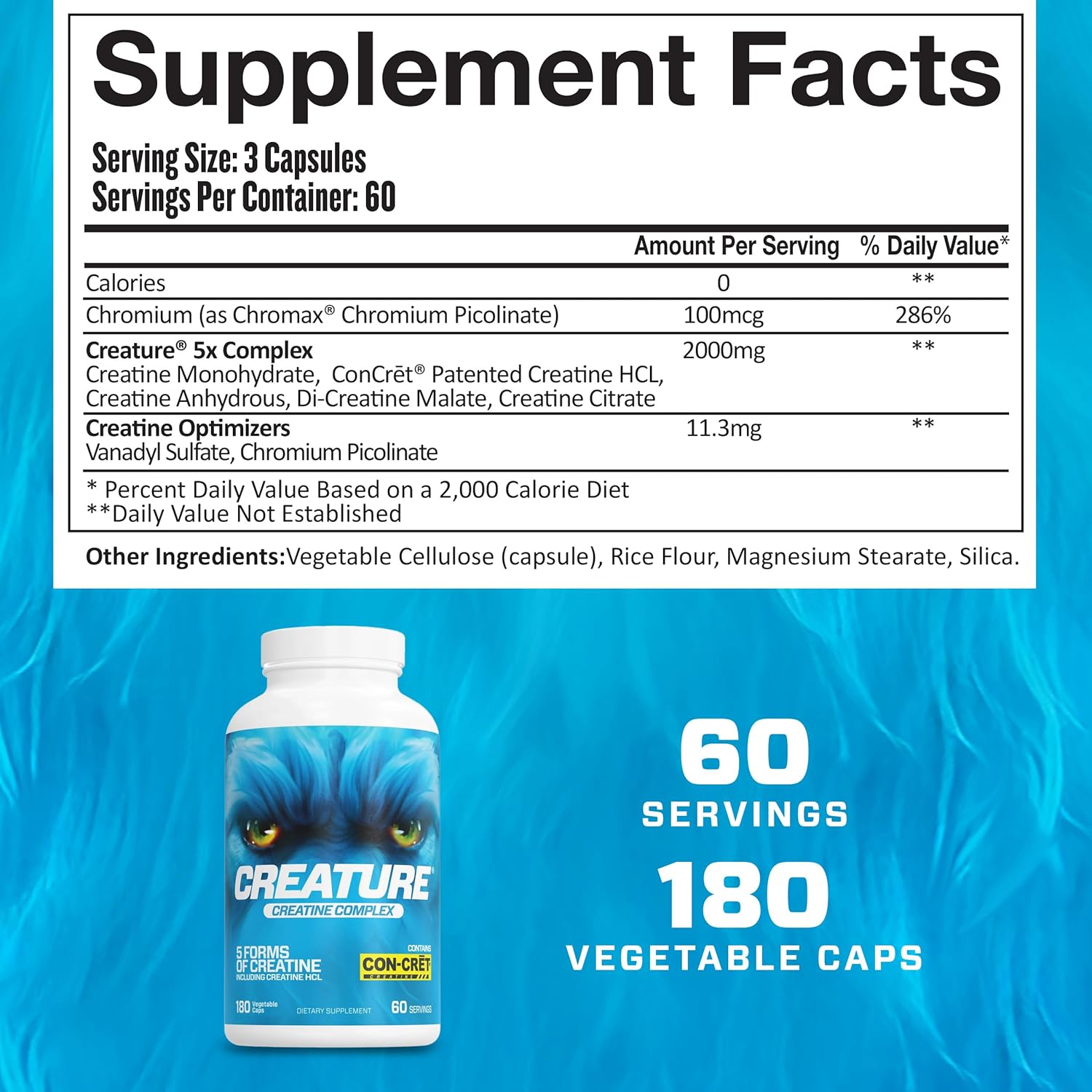CREATURE® Creatine Complex Capsules - 5 Types of Creatine Including Con-Crēt® HCL, Supports Muscle, Strength, Endurance, Brain Health - 180 Caps