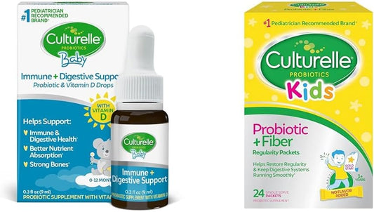 Culturelle Baby Immune & Digestive Support Probiotic Drops with Vitamin D, 30 Days Supply + Kids Probiotic Fiber Packets, 24 Count