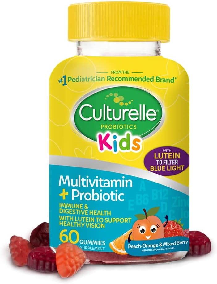 Culturelle Kids Probiotic Gummies, 60 Count, Peach-Orange & Mixed Berry Flavors, Ages 2+, Digestive & Immune Support, Eye Health.