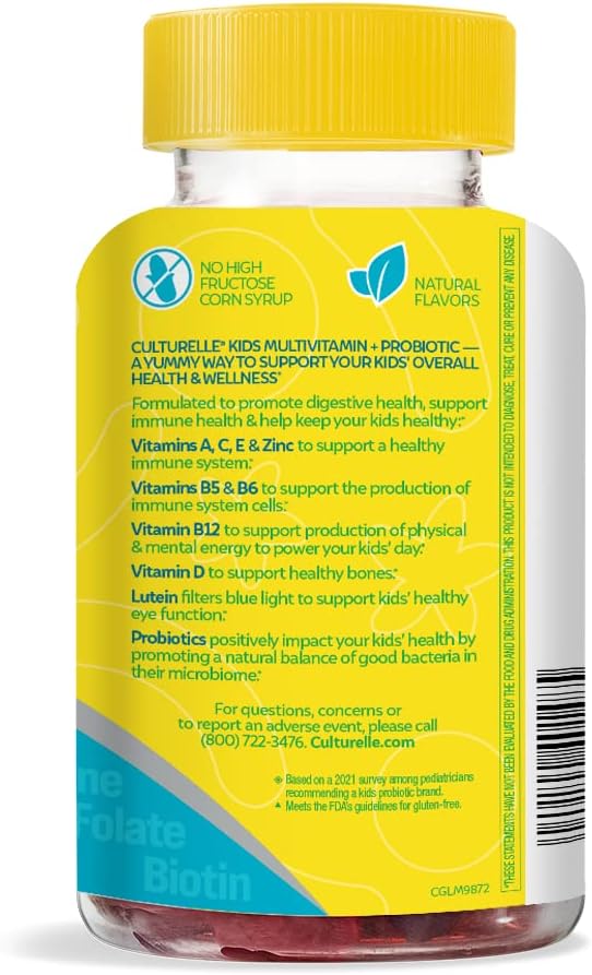 Culturelle Kids Probiotic Gummies, 60 Count, Peach-Orange & Mixed Berry Flavors, Ages 2+, Digestive & Immune Support, Eye Health.