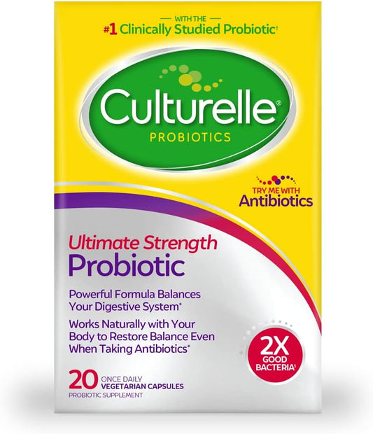Culturelle Ultimate Strength Probiotic - Most Clinically Studied Strain, 20 Billion CFUs, Supports Digestive Health, Non-GMO - 20 Count