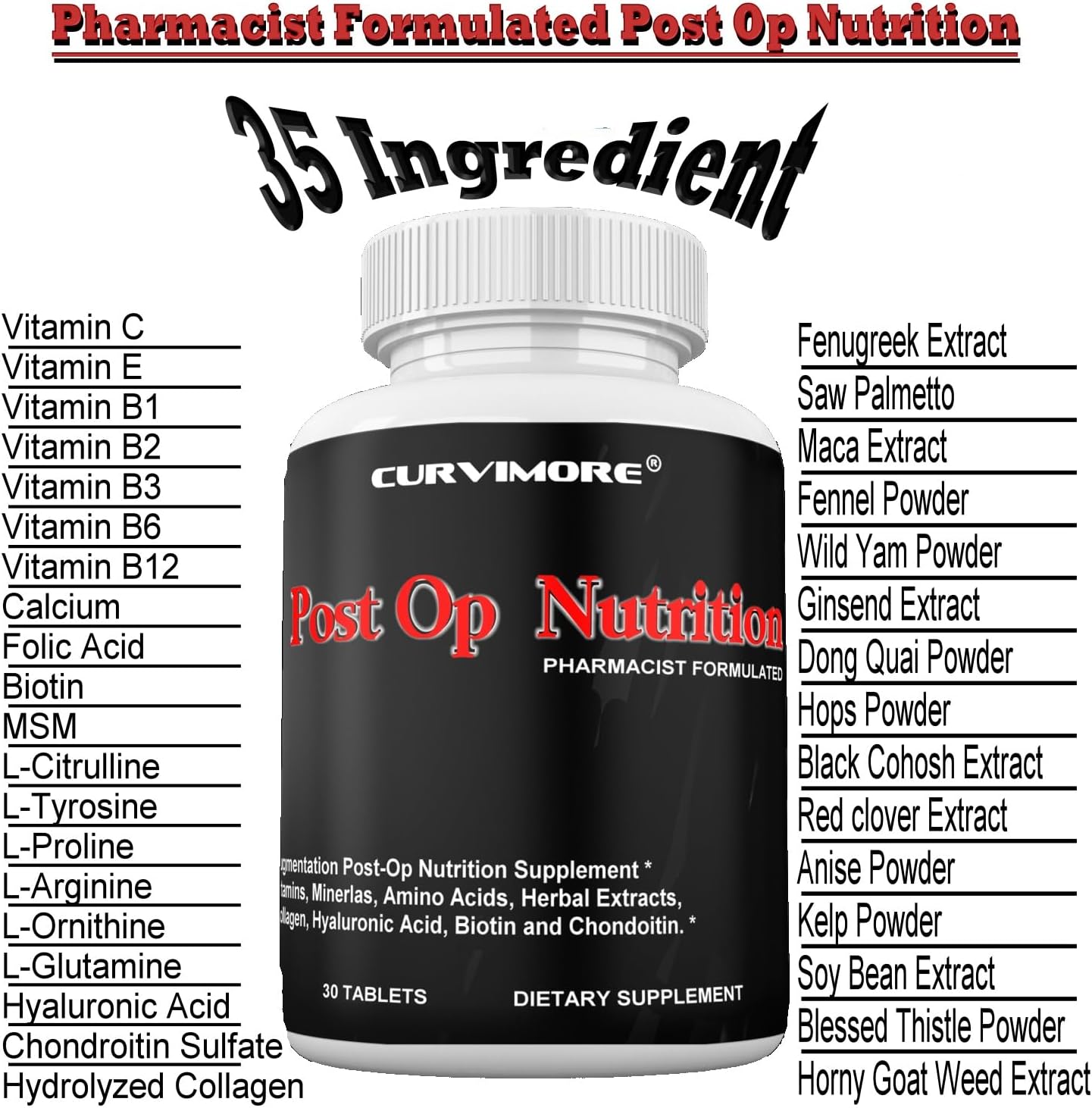 CURVIMORE Post-Op Nutrition Pills: Support Recovery & Skin Healing, Reduce Scarring - 30 Tablets