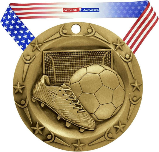 Customizable Gold Soccer Medal with Stars and Stripes Ribbon - 3 Inch Wide - Engraved First Place Futbol Award