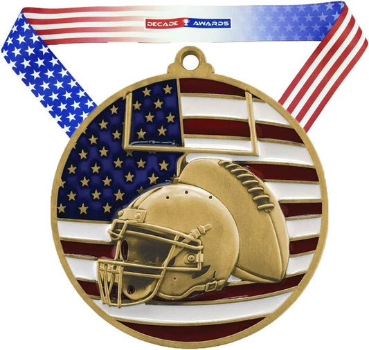 Customized Patriotic Football Medal with American Flag Ribbon - 2.75 Inch Gridiron Medallion
