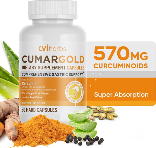 CVI HERBS Cumargold 570mg Curcuminoids & Turmeric Curcumin Capsules for Digestive Health - Supports Ulcers, Colitis, and Gastric Wellness (30 ct)
