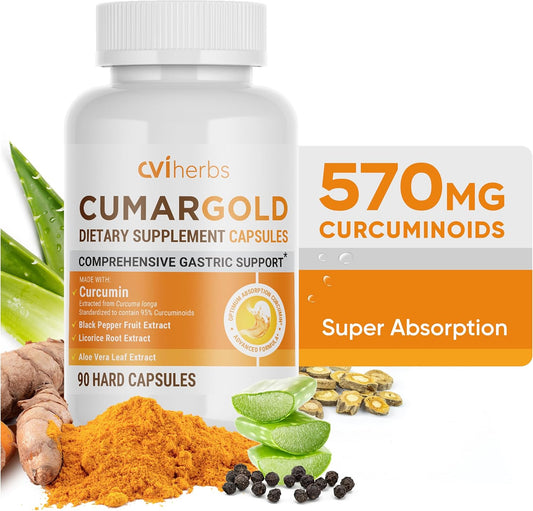 CVI HERBS Cumargold 570mg Curcuminoids with Licorice, Aloe Vera & Piperine - Digestive Health Support for Ulcers, Colitis, Gastric Wellness - 90 Capsules