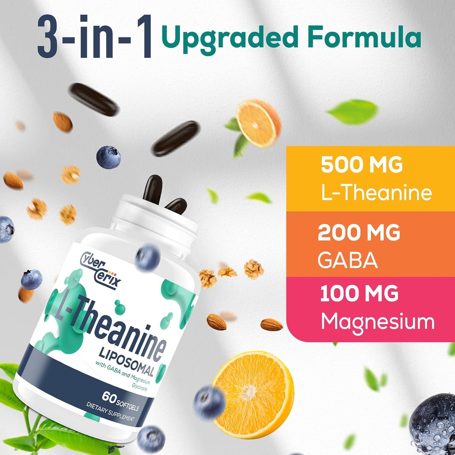 CyberCerix Liposomal L-Theanine 500mg Supplement with GABA & Magnesium, 60 Capsules for Calm & Focus - Non-GMO