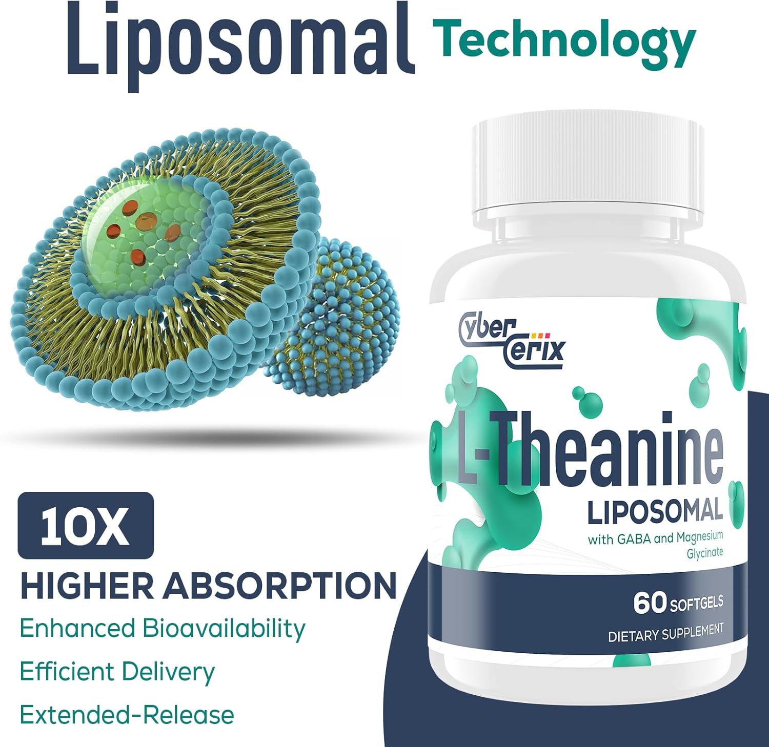 CyberCerix Liposomal L-Theanine 500mg Supplement with GABA & Magnesium, 60 Capsules for Calm & Focus - Non-GMO