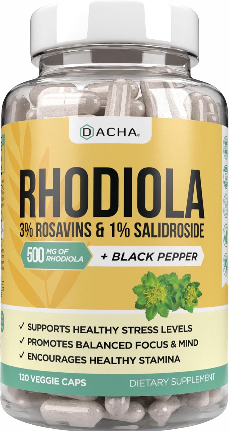 DACHA Natural Rhodiola Rosea Supplement 120 Caps - 500mg, 3% Rosavins, 1% Salidroside, 4-Month Supply - Mood, Focus, Brain Booster, Stress Support - Bioperine Enhanced