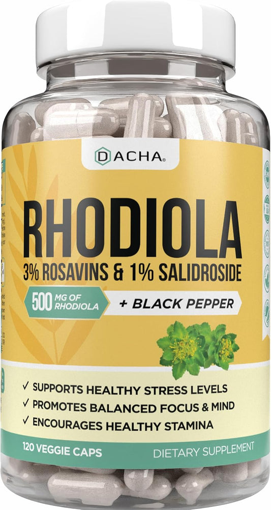 DACHA Natural Rhodiola Rosea Supplement 120 Caps - 500mg, 3% Rosavins, 1% Salidroside, 4-Month Supply - Mood, Focus, Brain Booster, Stress Support - Bioperine Enhanced