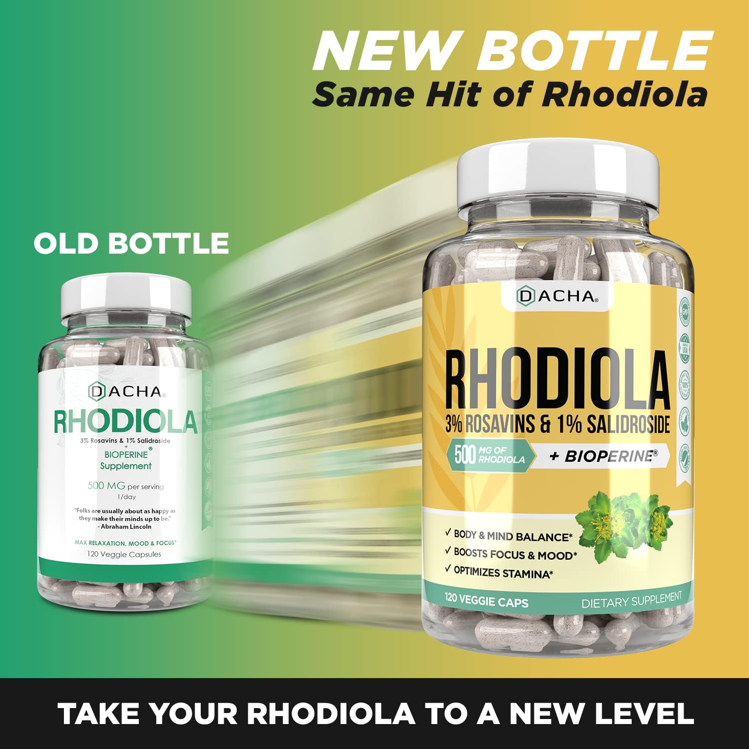 DACHA Natural Rhodiola Rosea Supplement 120 Caps - 500mg, 3% Rosavins, 1% Salidroside, 4-Month Supply - Mood, Focus, Brain Booster, Stress Support - Bioperine Enhanced