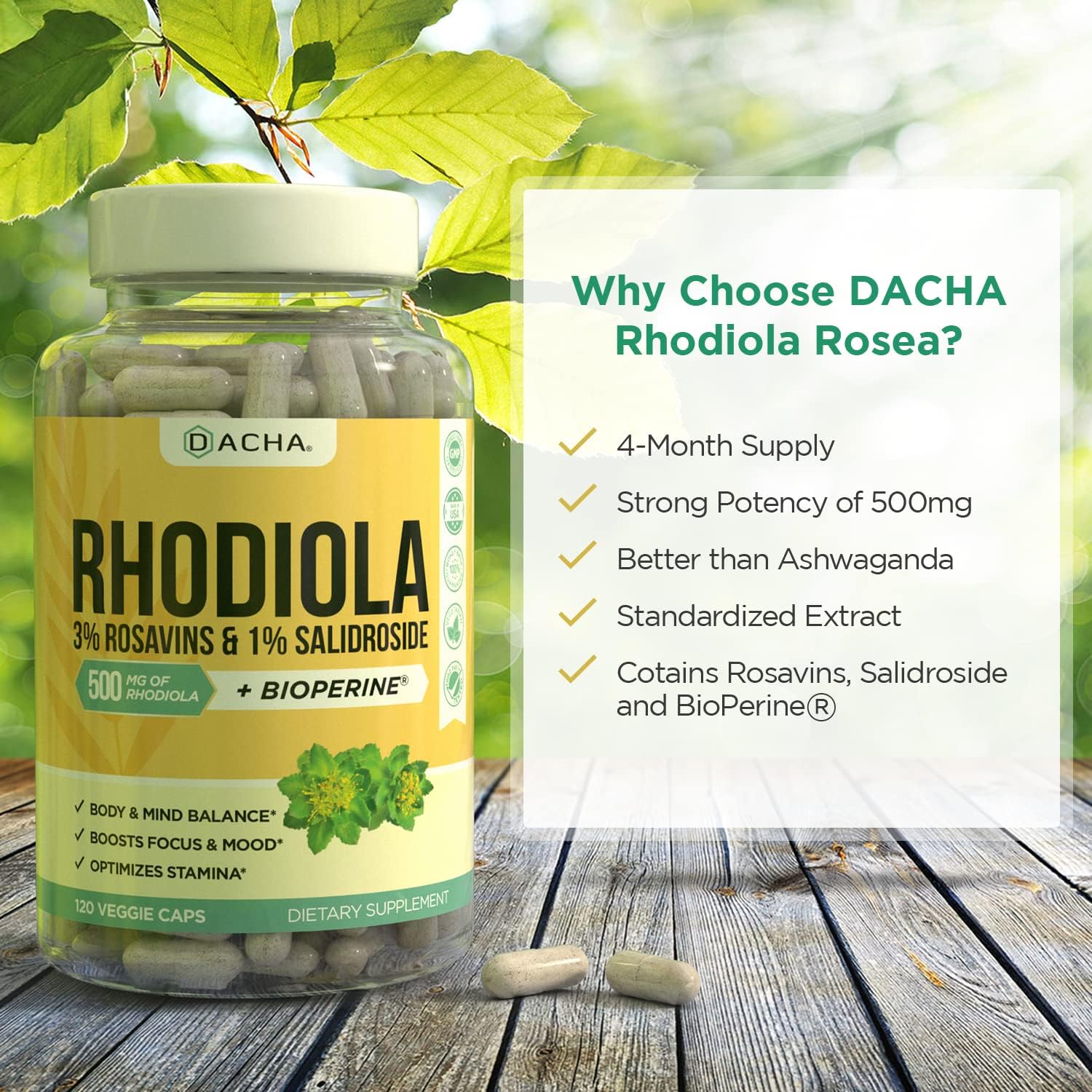 DACHA Natural Rhodiola Rosea Supplement 120 Caps - 500mg, 3% Rosavins, 1% Salidroside, 4-Month Supply - Mood, Focus, Brain Booster, Stress Support - Bioperine Enhanced
