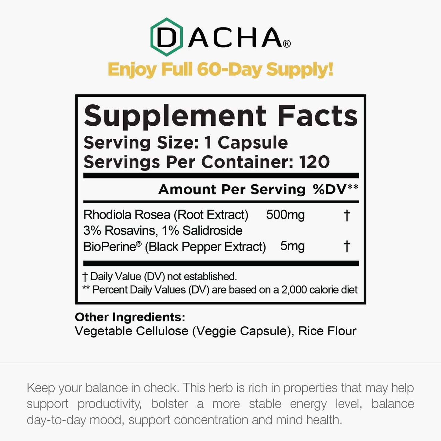 DACHA Natural Rhodiola Rosea Supplement 120 Caps - 500mg, 3% Rosavins, 1% Salidroside, 4-Month Supply - Mood, Focus, Brain Booster, Stress Support - Bioperine Enhanced