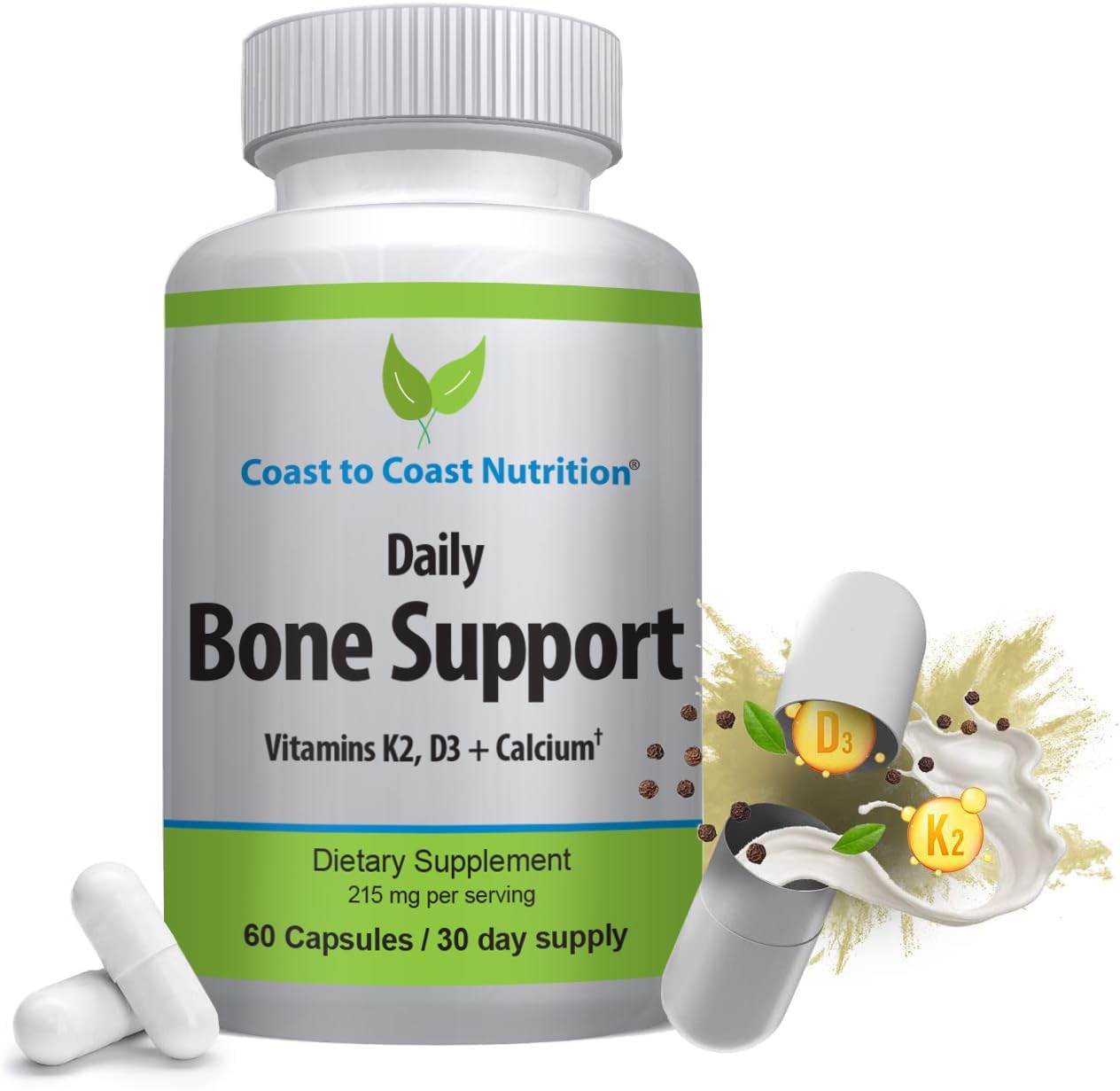 Daily Bone Support: Calcium Supplement with Vitamin D3 & K2 - Ideal for Older Adults, Postmenopausal Women, Athletes - 60 Vegetarian Capsules by Coast to Coast Nutrition