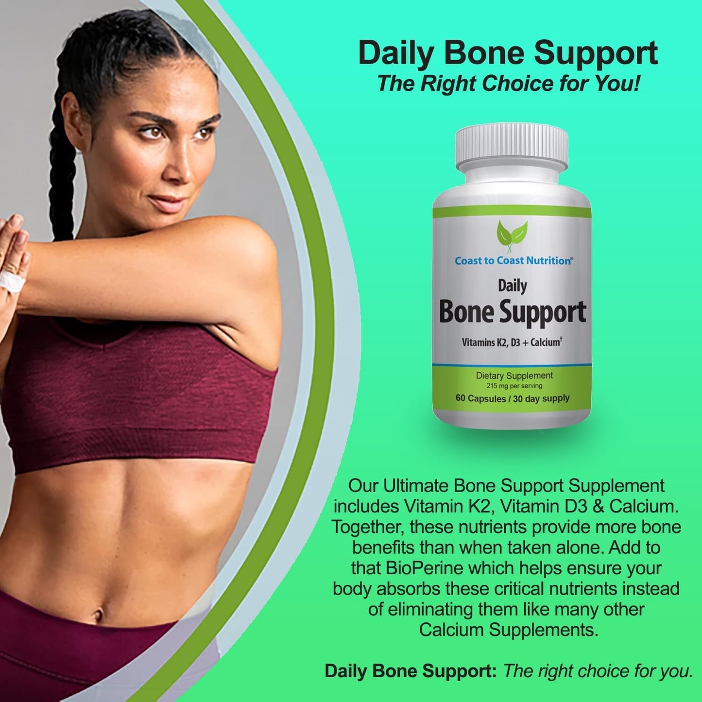 Daily Bone Support: Calcium Supplement with Vitamin D3 & K2 - Ideal for Older Adults, Postmenopausal Women, Athletes - 60 Vegetarian Capsules by Coast to Coast Nutrition