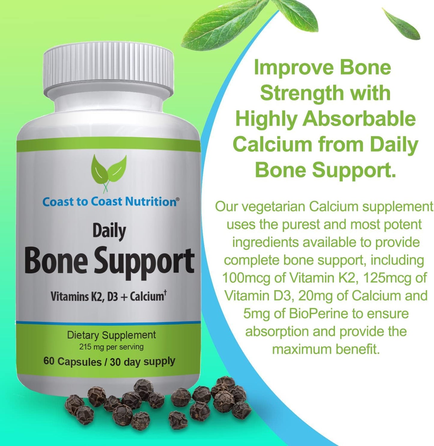 Daily Bone Support: Calcium Supplement with Vitamin D3 & K2 - Ideal for Older Adults, Postmenopausal Women, Athletes - 60 Vegetarian Capsules by Coast to Coast Nutrition