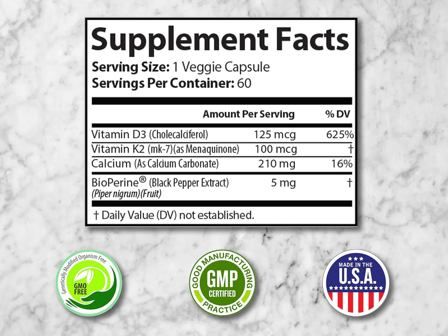 Daily Bone Support: Calcium Supplement with Vitamin D3 & K2 - Ideal for Older Adults, Postmenopausal Women, Athletes - 60 Vegetarian Capsules by Coast to Coast Nutrition