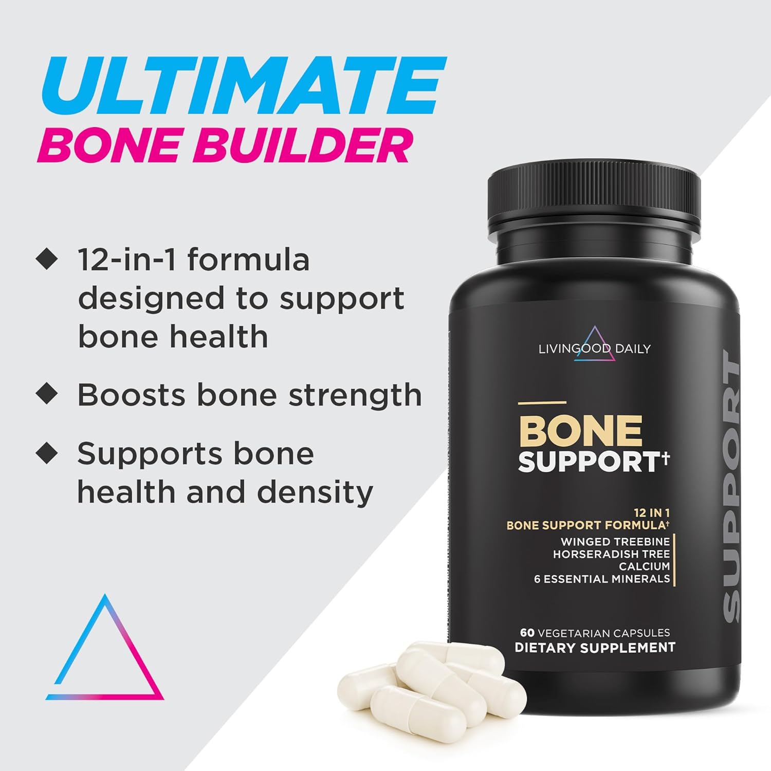 Daily Calcium Supplement for Bone Health, Vegetarian Capsules with Magnesium, Zinc, Vitamin D3 & K2 - Support Bone Density, Strength & Growth in Women & Men - Non-GMO (60 Capsules)