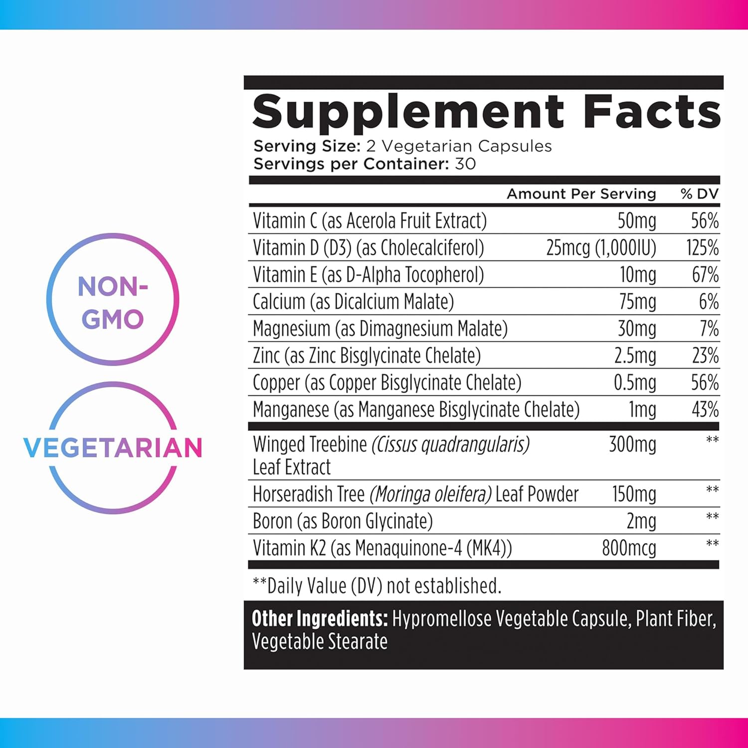 Daily Calcium Supplement for Bone Health, Vegetarian Capsules with Magnesium, Zinc, Vitamin D3 & K2 - Support Bone Density, Strength & Growth in Women & Men - Non-GMO (60 Capsules)