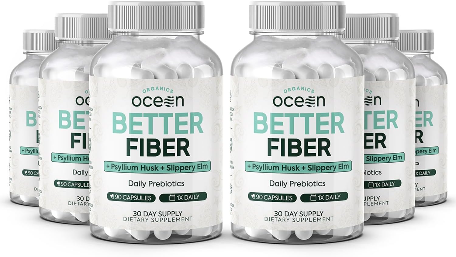 Daily Fiber Supplement with Psyllium and Slippery Elm - Soften Stool for Effortless Bowel Movements - 6 Bottles of Organics Ocean Better Fiber