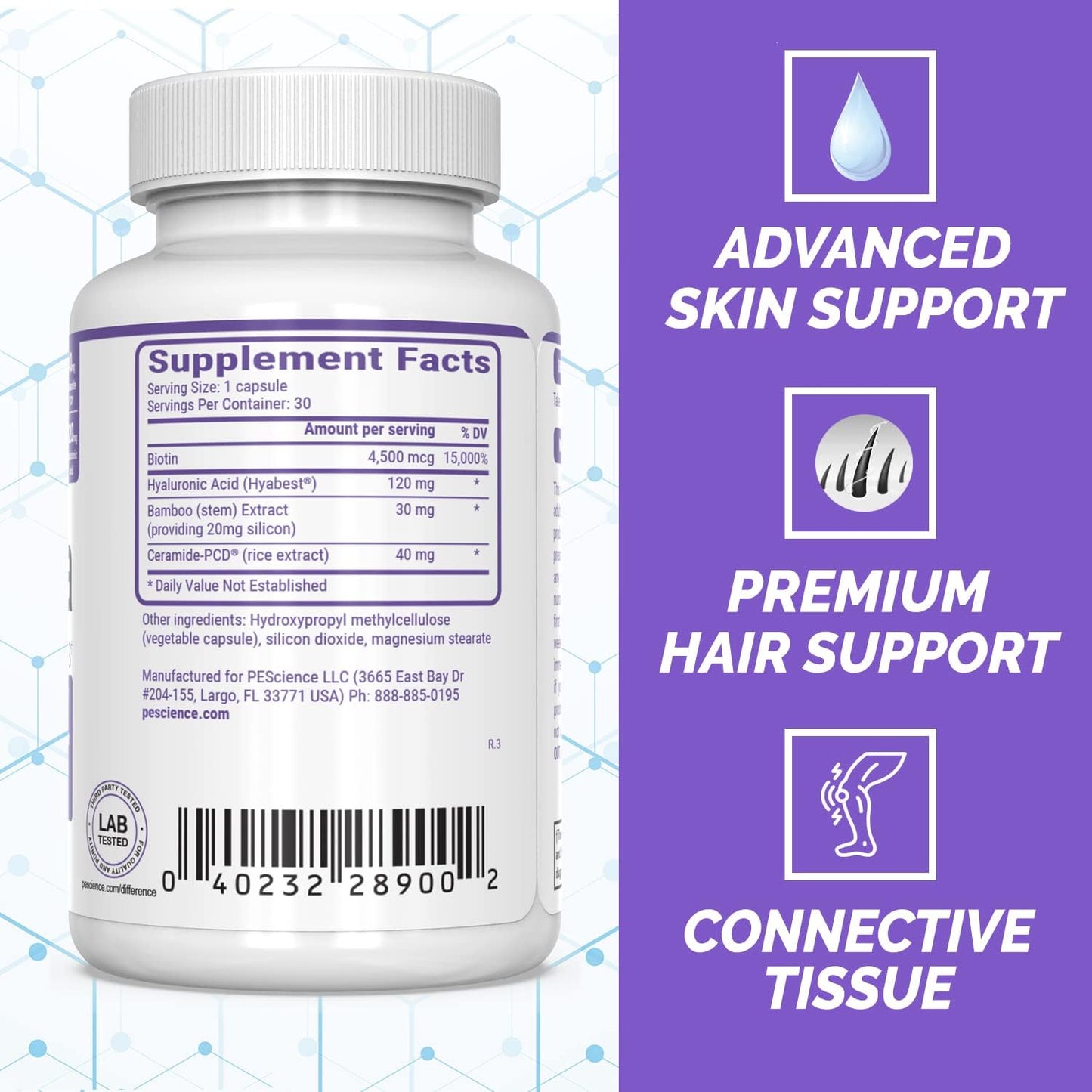 Daily Hyaluronic Acid Blend for Hair, Skin, and Nails - PEScience Renuvia, 30 Capsules